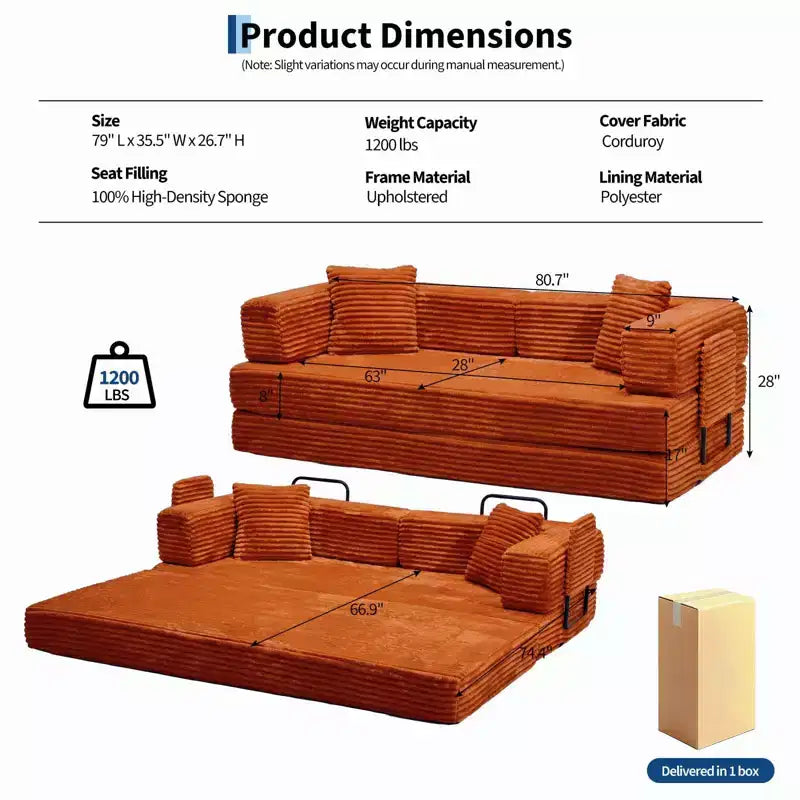 80,7 Canapé-lit convertible 5-en-1 – Corduroy, 544 kg, Aucun assemblage requis