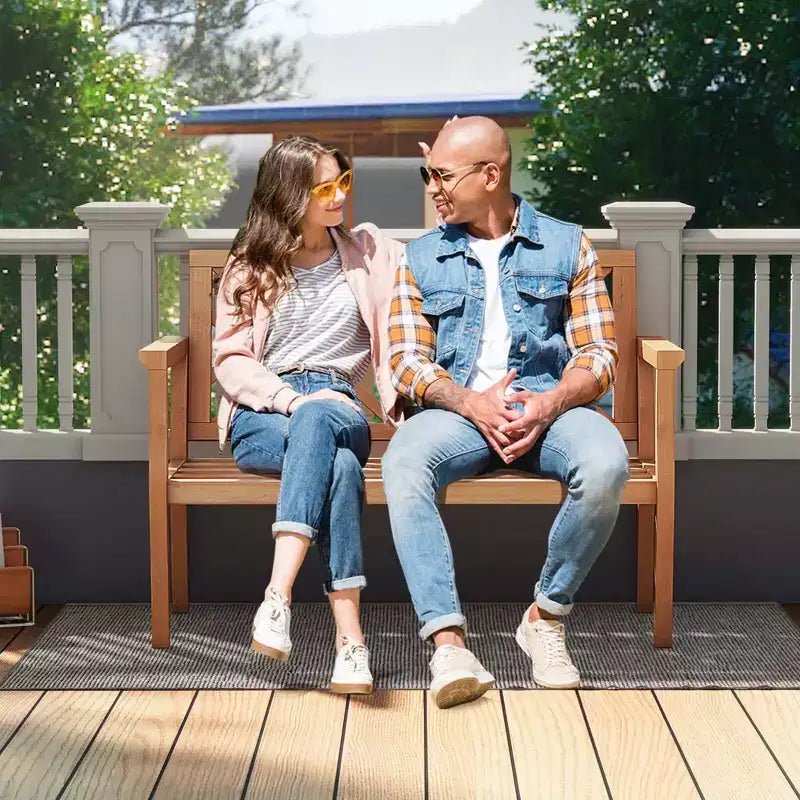 Banc de jardin extérieur Costway 2 places avec accoudoirs et dossier confortables en bois de teck