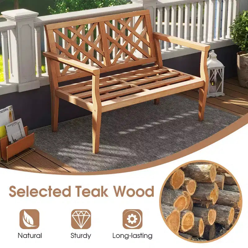 Banc de jardin extérieur Costway 2 places avec accoudoirs et dossier confortables en bois de teck