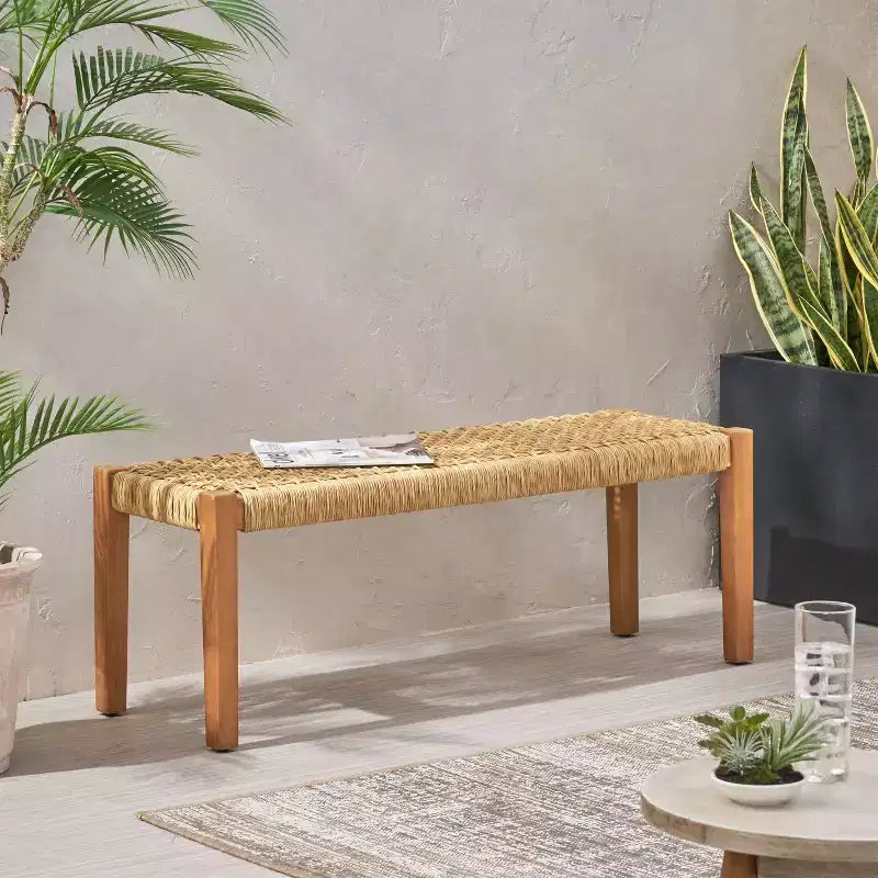 Christopher Knight Home Angie 43 Outdoor Acacia Wood and Wicker Bench, Teak/Brown