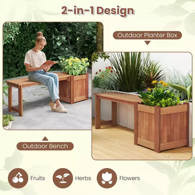 Costway 1/2 PCS Jardinière en Bois Dur avec Banc Siège Spacieux Fond Ouvert Parfait pour les Herbes Aromatiques