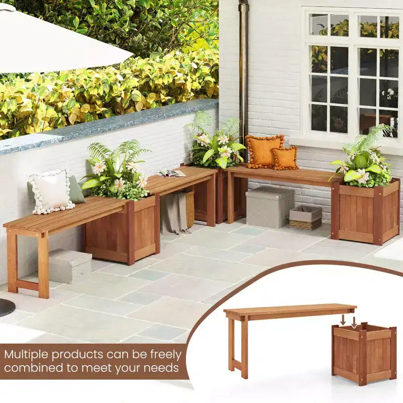 Costway 1/2 PCS Jardinière en Bois Dur avec Banc Siège Spacieux Fond Ouvert Parfait pour les Herbes Aromatiques
