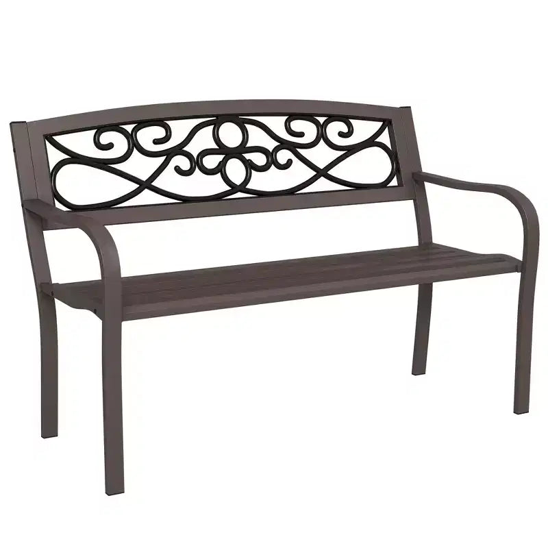 Outsunny Outdoor Bench with Floral Design Backrest, Metal Bench, Brown