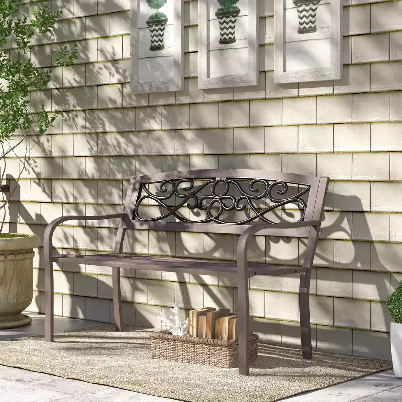 Banc d'extérieur Outsunny avec dossier à motif floral, banc en métal, marron