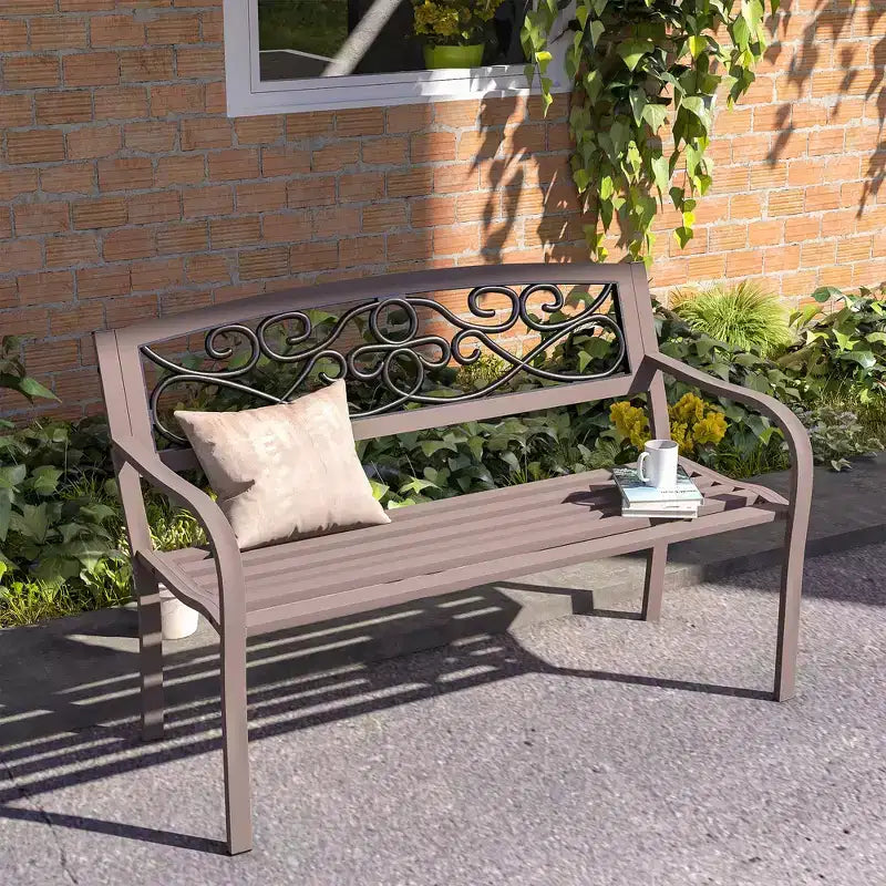 Banc d'extérieur Outsunny avec dossier à motif floral, banc en métal, marron