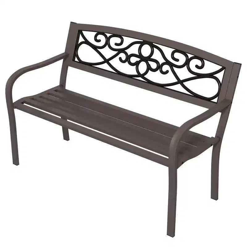 Banc d'extérieur Outsunny avec dossier à motif floral, banc en métal, marron