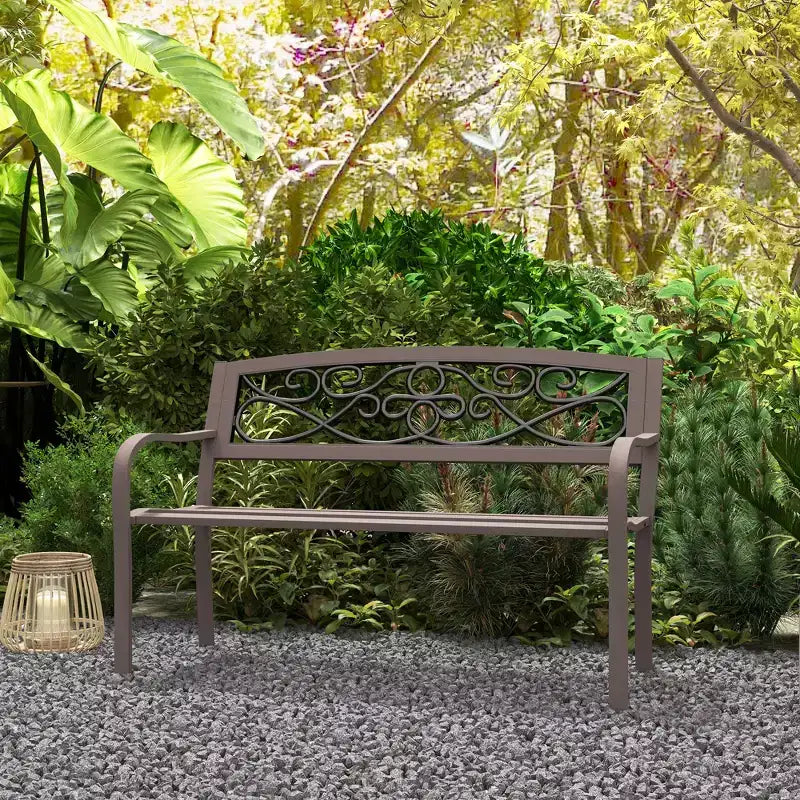 Banc d'extérieur Outsunny avec dossier à motif floral, banc en métal, marron