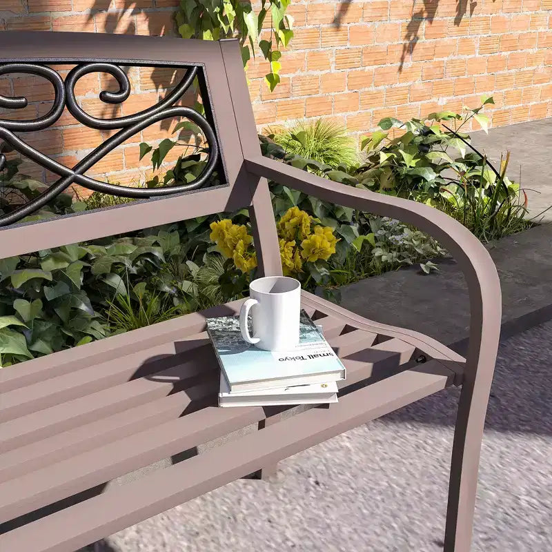 Banc d'extérieur Outsunny avec dossier à motif floral, banc en métal, marron