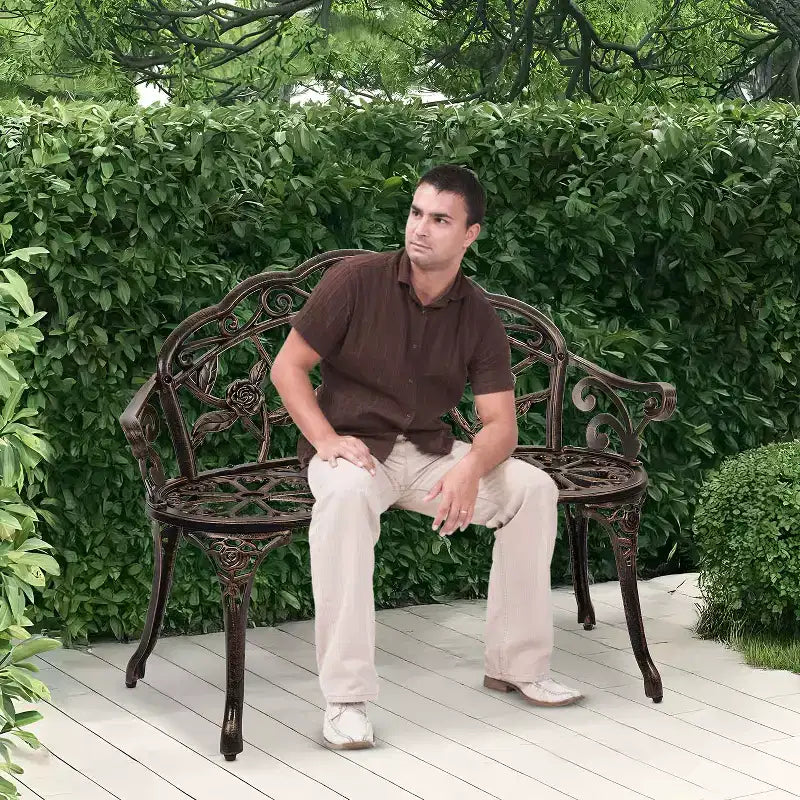 Banc de jardin FDW avec motif rose complexe, banc de terrasse/cour résistant aux intempéries pour sièges d'extérieur, bronze