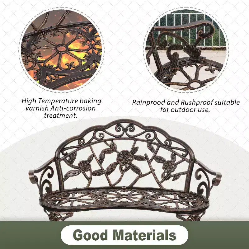Banc de jardin FDW avec motif rose complexe, banc de terrasse/cour résistant aux intempéries pour sièges d'extérieur, bronze