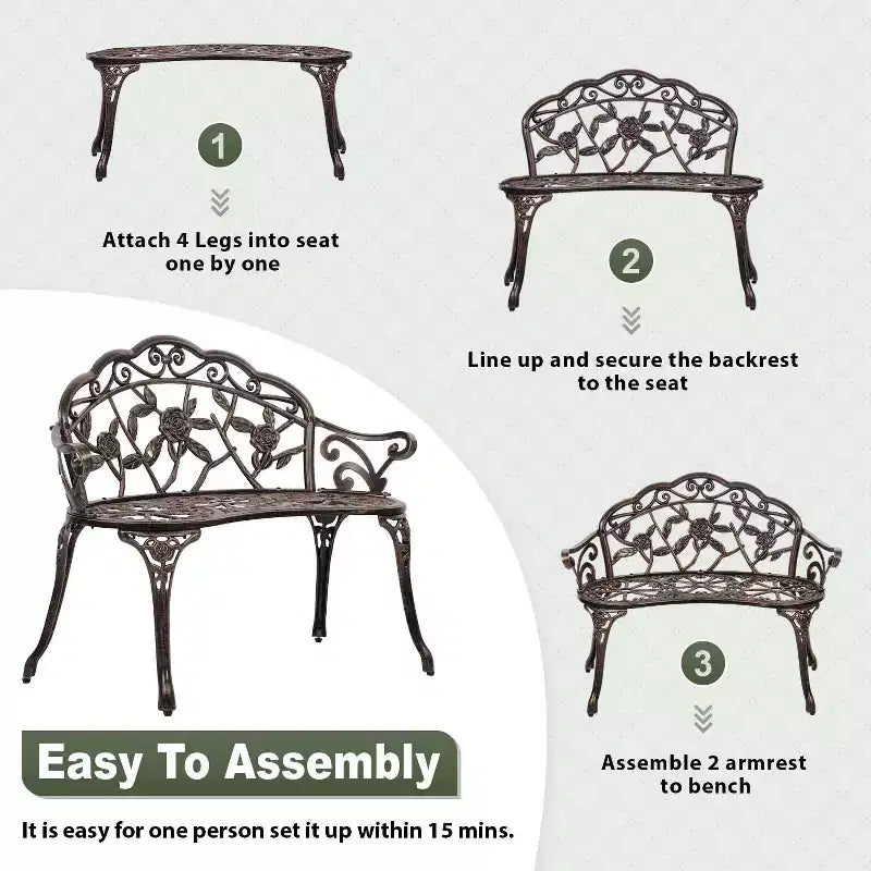 Banc de jardin FDW avec motif rose complexe, banc de terrasse/cour résistant aux intempéries pour sièges d'extérieur, bronze