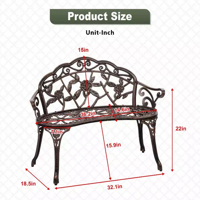 Banc de jardin FDW avec motif rose complexe, banc de terrasse/cour résistant aux intempéries pour sièges d'extérieur, bronze