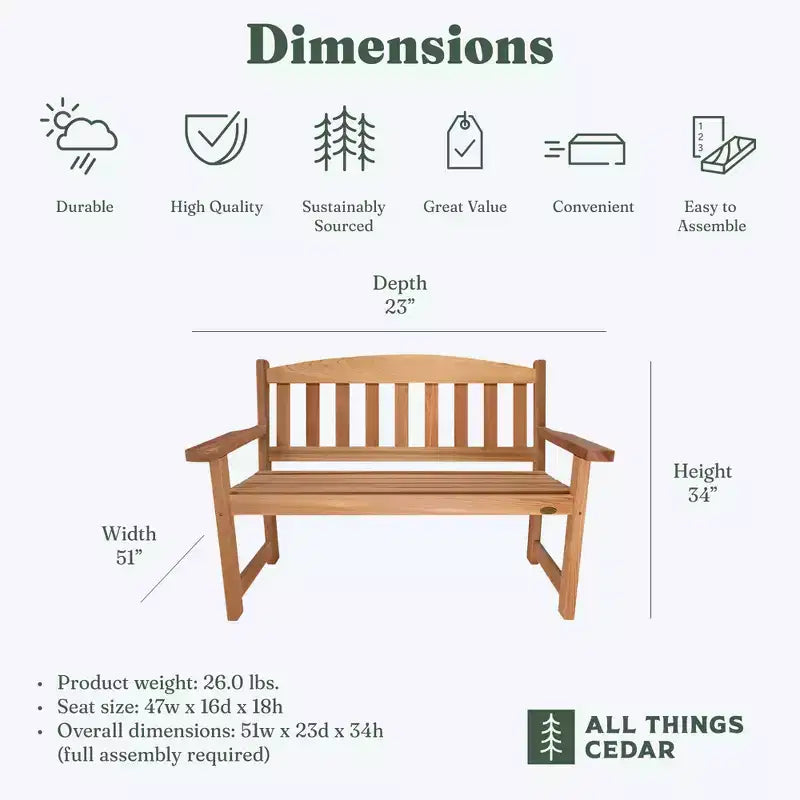 Banc de jardin de luxe en cèdre All Things Cedar de 51 po, chaise de jardin extérieure avec dossier pour patio, jardin et pelouse, naturel