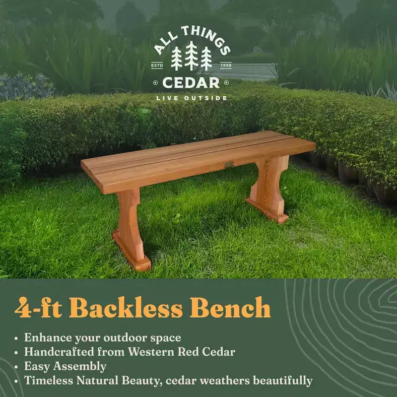 Banc sans dossier en cèdre de 45 pouces All Things Cedar, sièges d'intérieur et d'extérieur au design portable pour patio ou douche de salle de bain, naturel