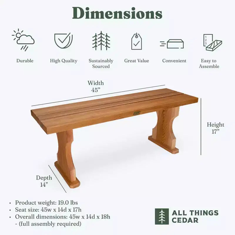 Banc sans dossier en cèdre de 45 pouces All Things Cedar, sièges d'intérieur et d'extérieur au design portable pour patio ou douche de salle de bain, naturel