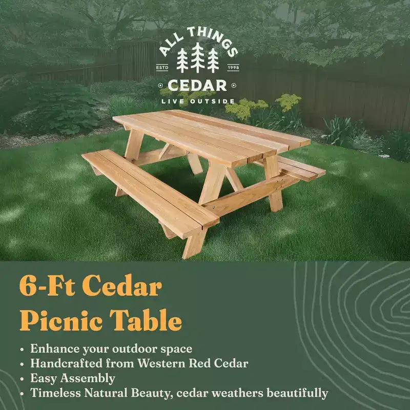 Table de pique-nique d'extérieur en cèdre de 1,8 m, banc de patio en bois fait à la main pour le camping, les fêtes dans le jardin ou les réceptions, cèdre rustique