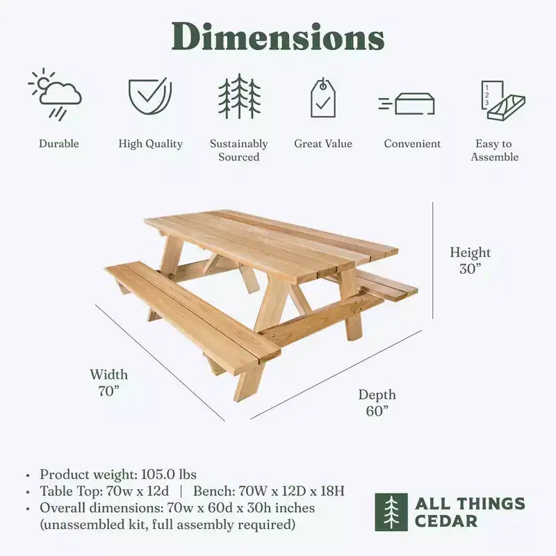 Table de pique-nique d'extérieur en cèdre de 1,8 m, banc de patio en bois fait à la main pour le camping, les fêtes dans le jardin ou les réceptions, cèdre rustique