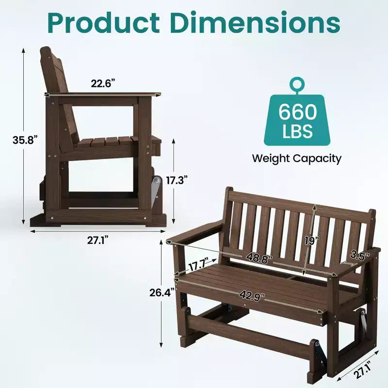 HYLEORY Fauteuil à bascule planeur d'extérieur, balancelle 2 places pour l'extérieur, causeuse 2 places en PEHD résistante aux intempéries, planeur de patio pour jardin ou porche