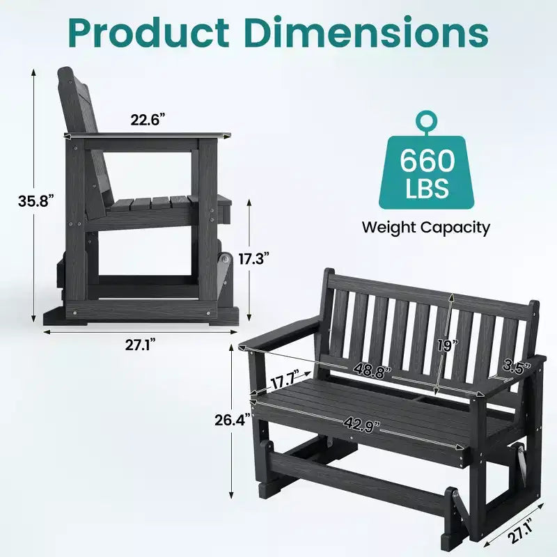 HYLEORY Fauteuil à bascule planeur d'extérieur, balancelle 2 places pour l'extérieur, causeuse 2 places en PEHD résistante aux intempéries, planeur de patio pour jardin ou porche