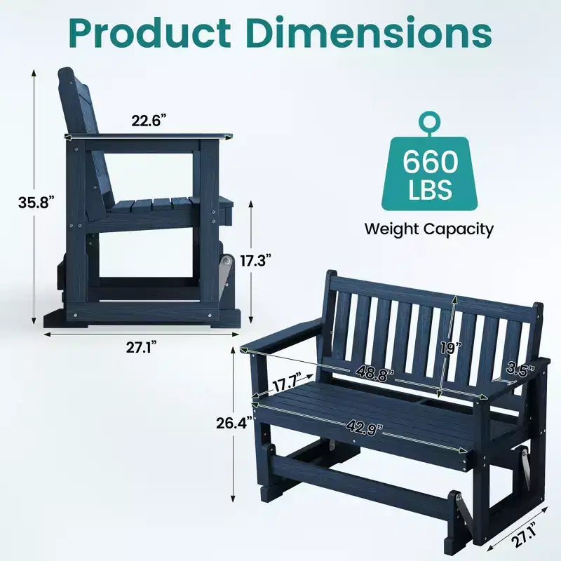 HYLEORY Fauteuil à bascule planeur d'extérieur, balancelle 2 places pour l'extérieur, causeuse 2 places en PEHD résistante aux intempéries, planeur de patio pour jardin ou porche