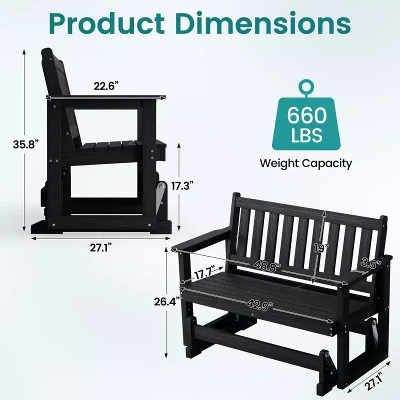 HYLEORY Fauteuil à bascule planeur d'extérieur, balancelle 2 places pour l'extérieur, causeuse 2 places en PEHD résistante aux intempéries, planeur de patio pour jardin ou porche