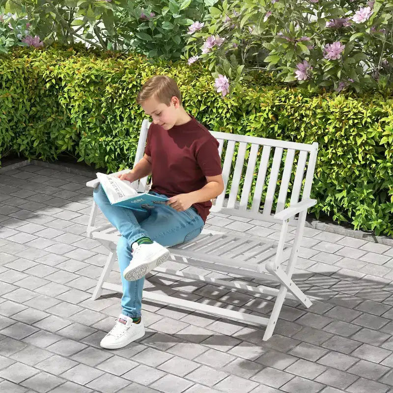 Outsunny Banc d'extérieur pliable en bois 2 places avec dossier et accoudoirs pour patio, jardin, véranda, parc, balcon, blanc