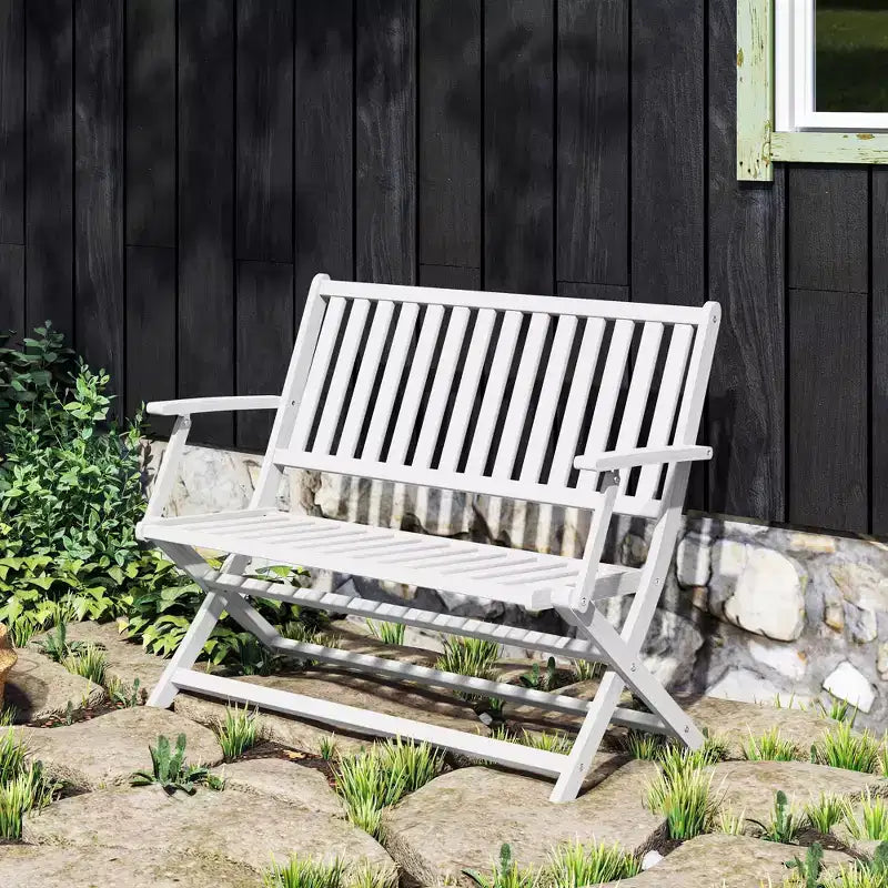 Outsunny Banc d'extérieur pliable en bois 2 places avec dossier et accoudoirs pour patio, jardin, véranda, parc, balcon, blanc