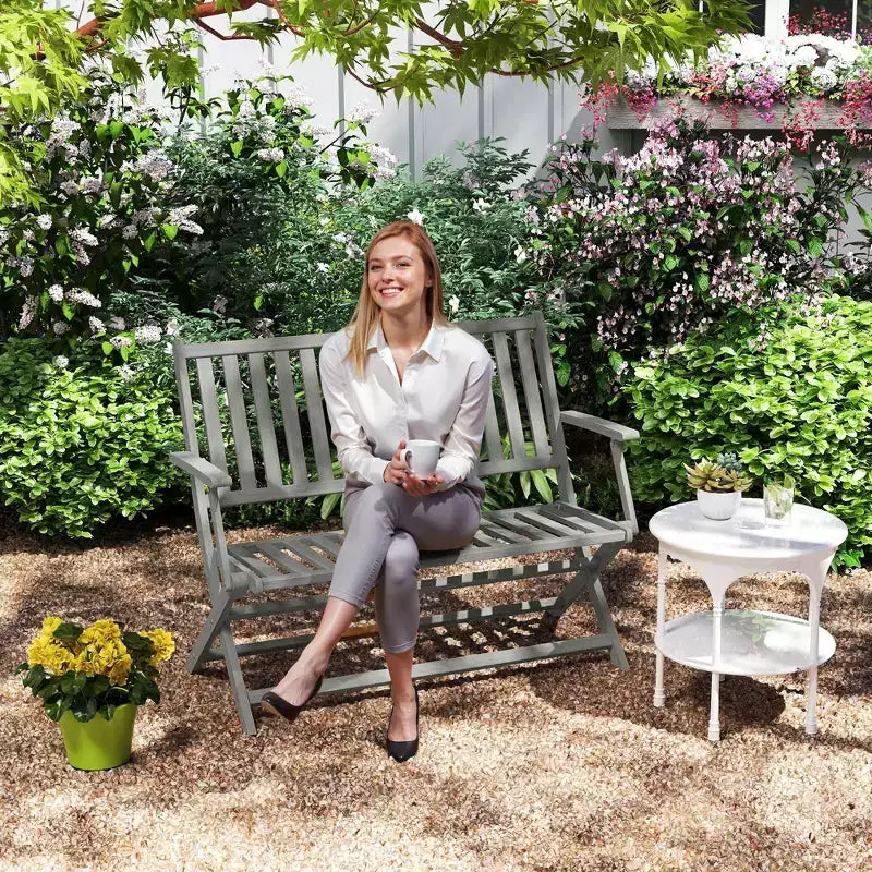 Banc d'extérieur pliant Outsunny 2 places en bois avec dossier et accoudoirs pour patio, jardin, porche, parc, balcon, gris