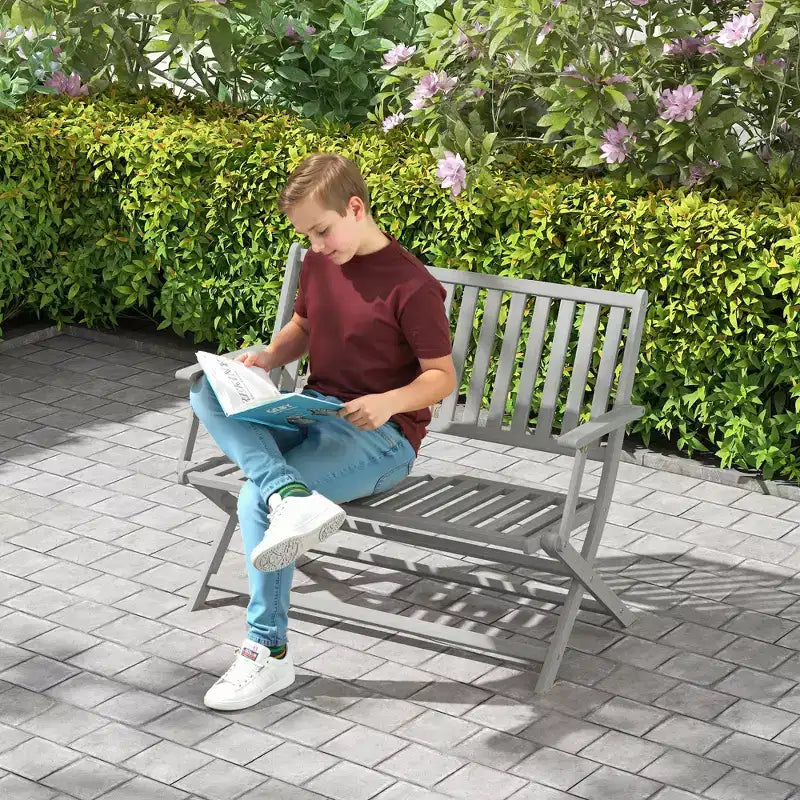Banc d'extérieur pliant Outsunny 2 places en bois avec dossier et accoudoirs pour patio, jardin, porche, parc, balcon, gris