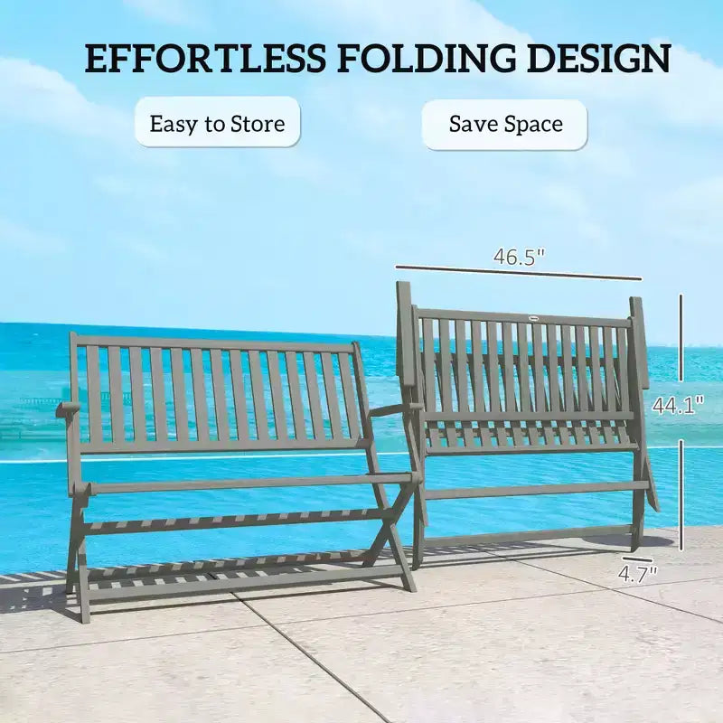 Banc d'extérieur pliant Outsunny 2 places en bois avec dossier et accoudoirs pour patio, jardin, porche, parc, balcon, gris