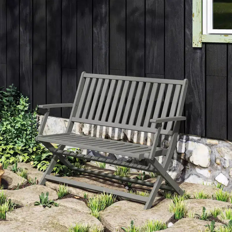 Banc d'extérieur pliant Outsunny 2 places en bois avec dossier et accoudoirs pour patio, jardin, porche, parc, balcon, gris