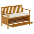 Outsunny Outdoor Bench with Storage Compartment, Acacia Wood Patio Bench with Cushion, 2 Seater Garden Bench for Park Balcony, Teak