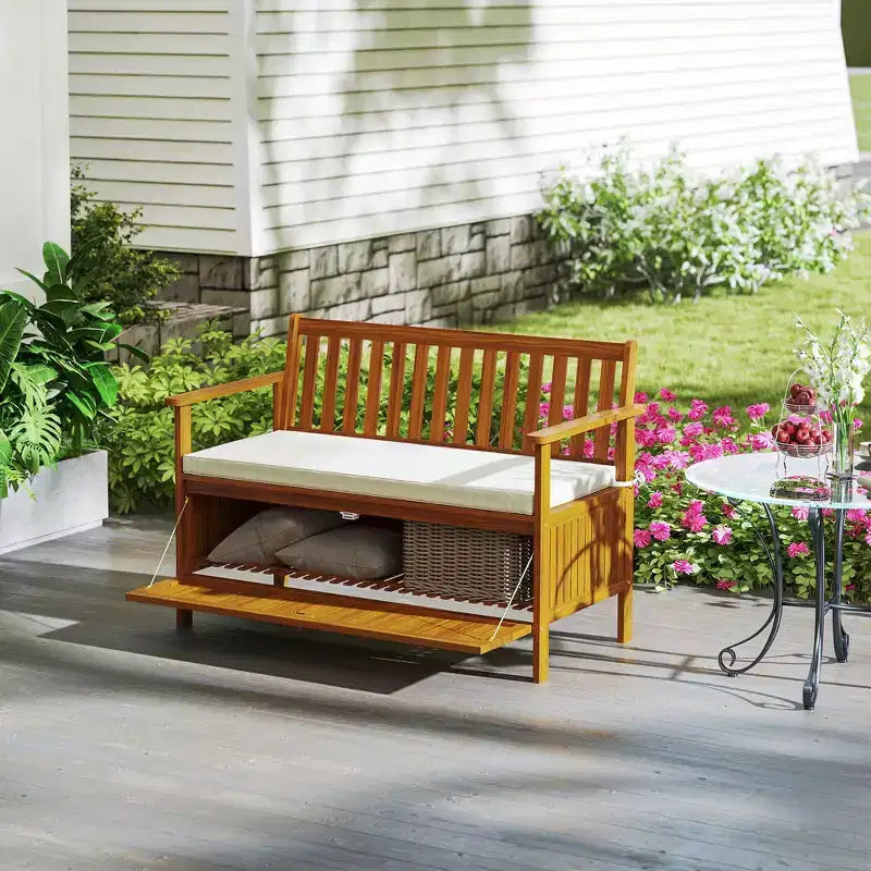 Banc d'extérieur Outsunny avec compartiment de rangement, banc de patio en bois d'acacia avec coussin, banc de jardin 2 places pour balcon de parc, teck