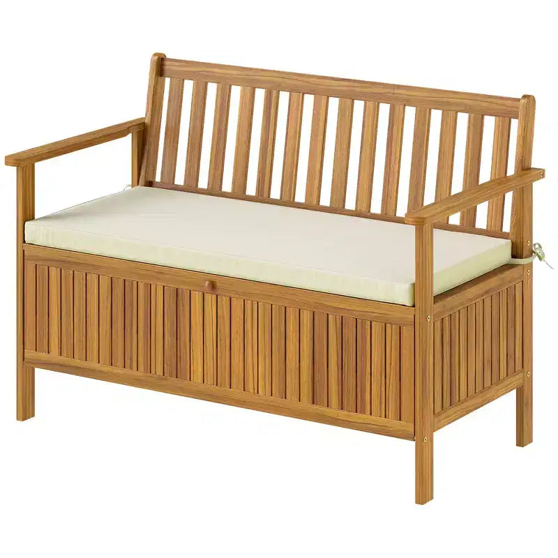 Banc d'extérieur Outsunny avec compartiment de rangement, banc de patio en bois d'acacia avec coussin, banc de jardin 2 places pour balcon de parc, teck