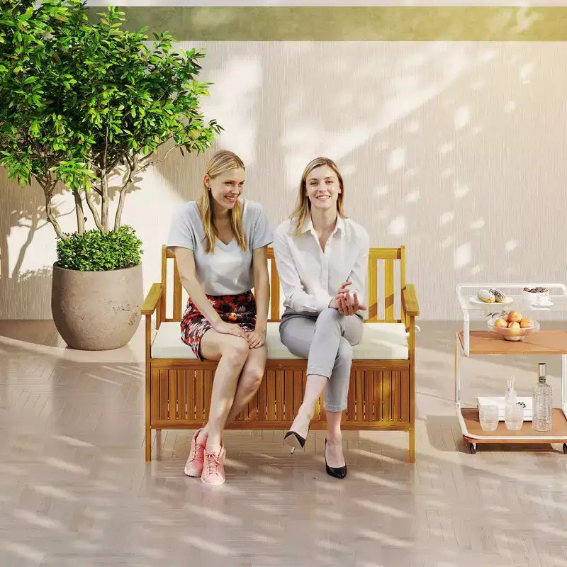 Banc d'extérieur Outsunny avec compartiment de rangement, banc de patio en bois d'acacia avec coussin, banc de jardin 2 places pour balcon de parc, teck