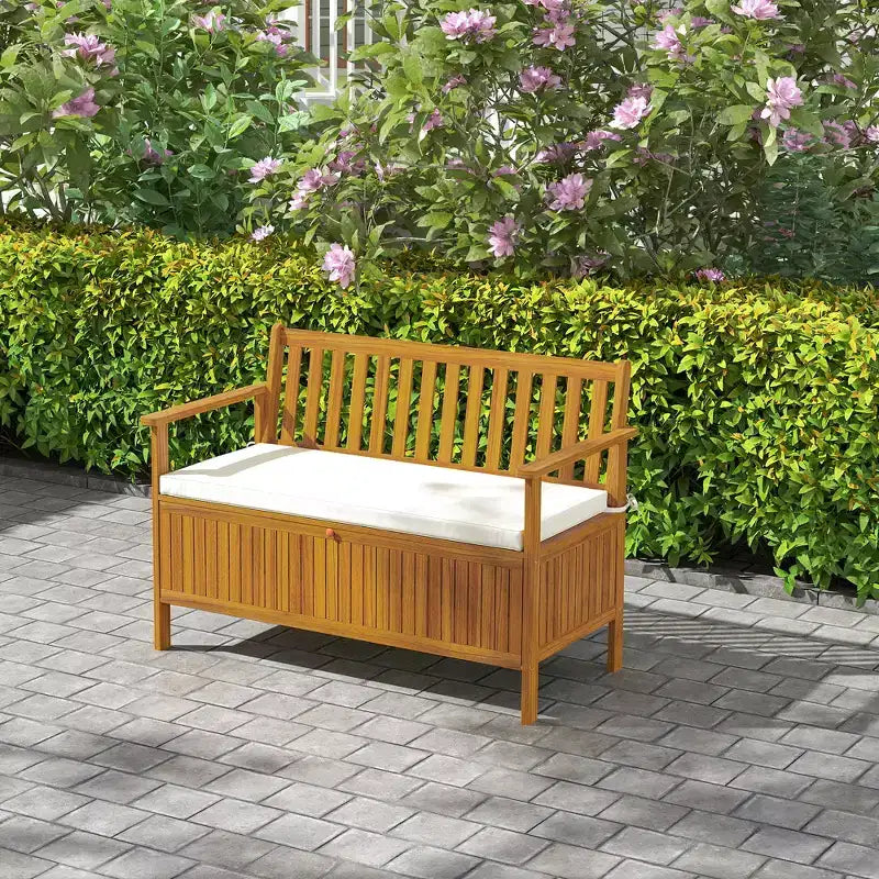 Banc d'extérieur Outsunny avec compartiment de rangement, banc de patio en bois d'acacia avec coussin, banc de jardin 2 places pour balcon de parc, teck