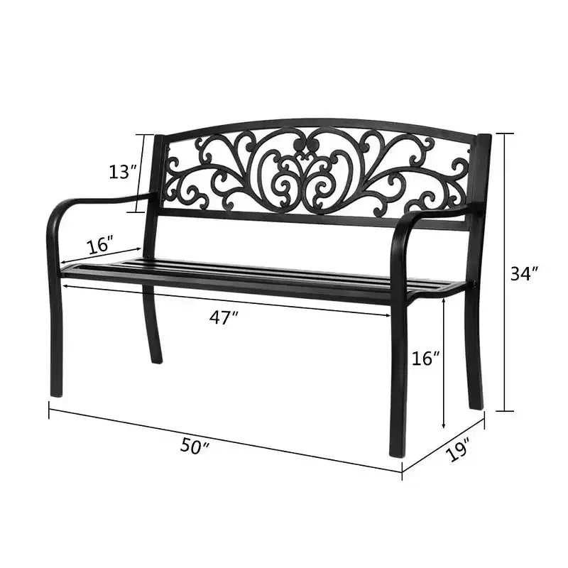 Karl Home | Banc d'extérieur en fer noir de 47 po avec dossier floral