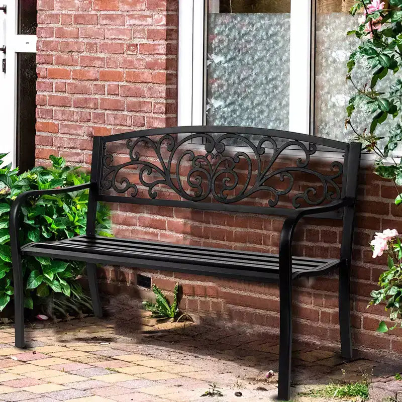 Karl Home | Banc d'extérieur en fer noir de 47 po avec dossier floral