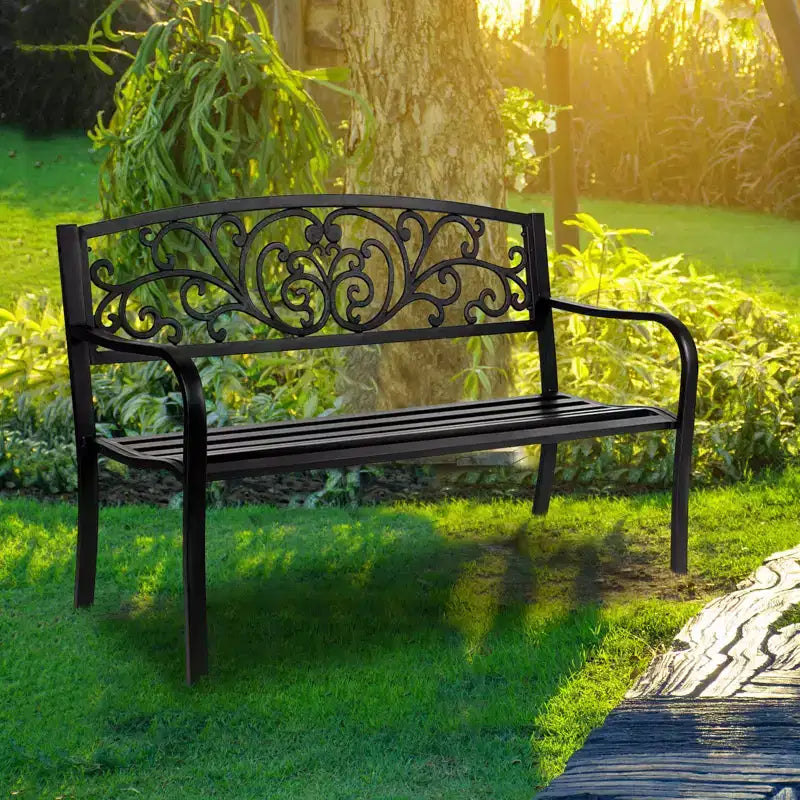 Karl Home | Banc d'extérieur en fer noir de 47 po avec dossier floral