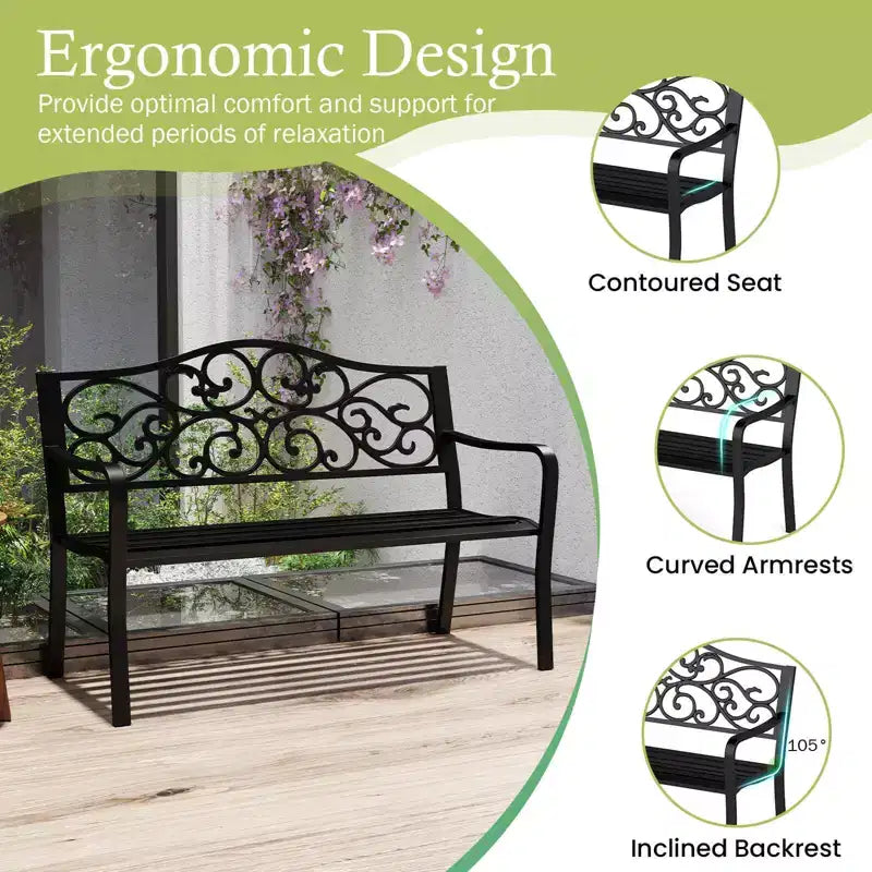 Banc de jardin Costway 50" avec dossier ergonomique et accoudoirs, motifs floraux incurvés