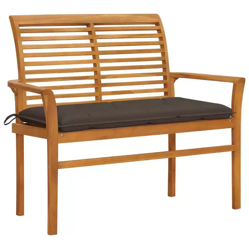 vidaXL Banc de jardin en teck massif avec coussin taupe – 112 cm, mobilier d'extérieur résistant aux intempéries et finition lisse et finement poncée