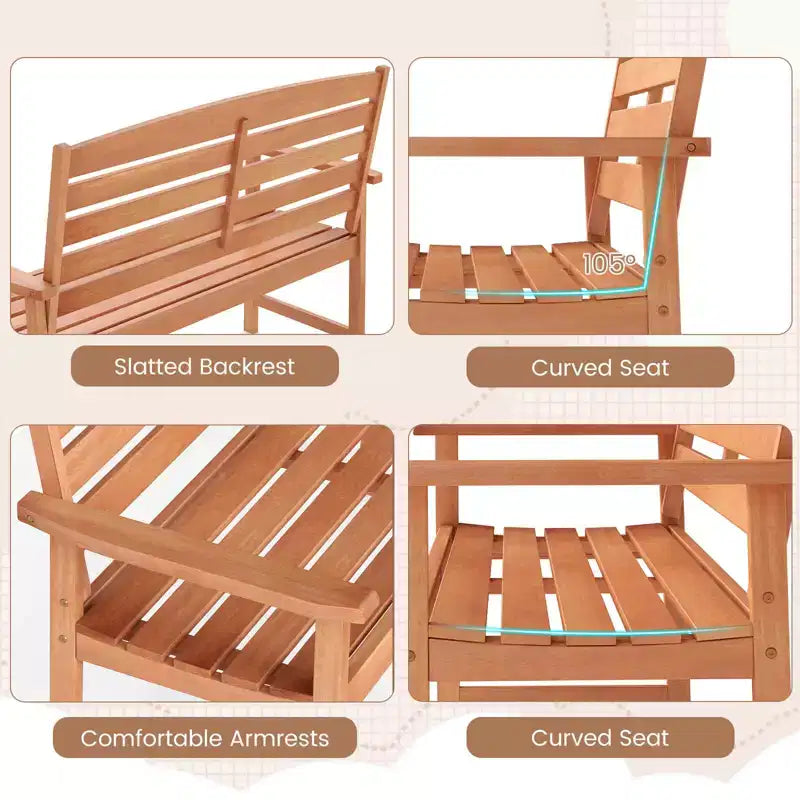 Banc de jardin en bois Costway, causeuse de terrasse 2 places avec dossier à lattes, naturel