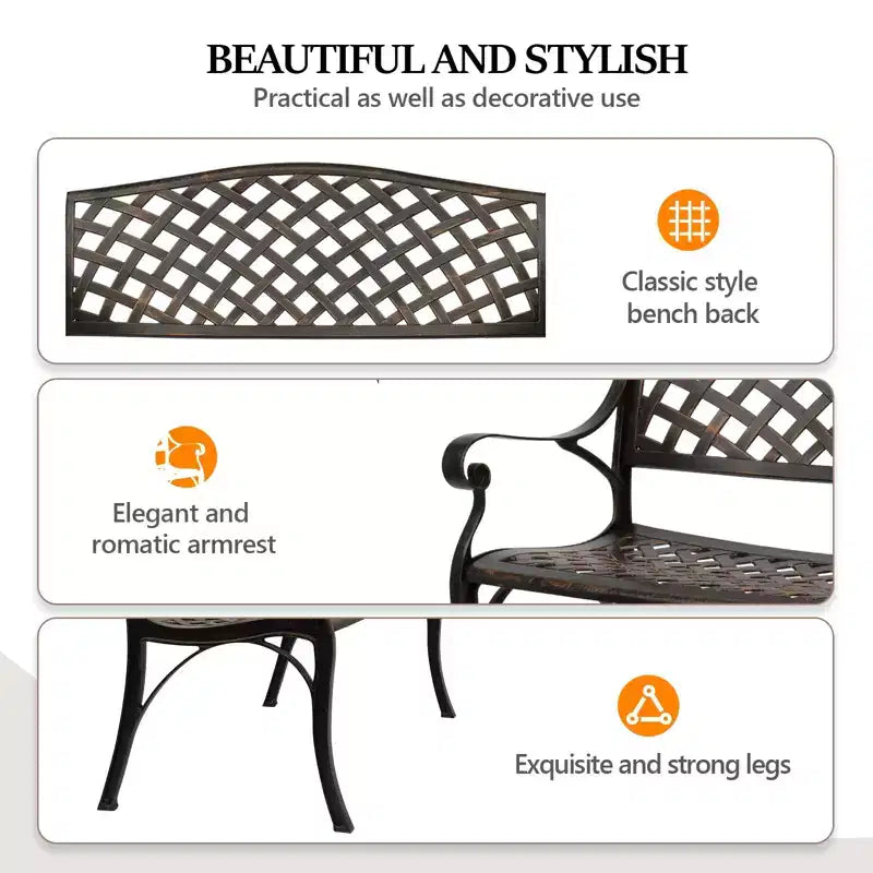 VINGLI Banc d'extérieur 40,5", Banc de jardin en fonte d'aluminium antirouille, Banc en métal résistant aux intempéries pour porche, patio, entrée (marron)