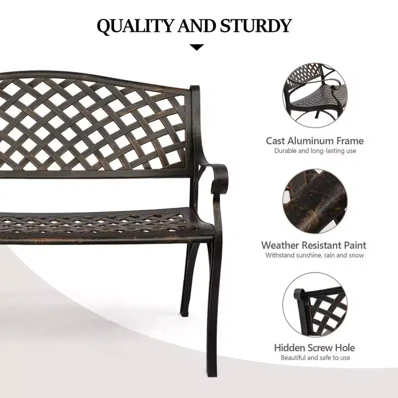 VINGLI Banc d'extérieur 40,5", Banc de jardin en fonte d'aluminium antirouille, Banc en métal résistant aux intempéries pour porche, patio, entrée (marron)