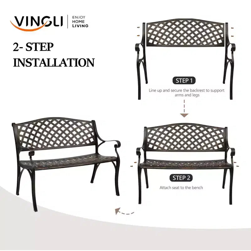 VINGLI Banc d'extérieur 40,5", Banc de jardin en fonte d'aluminium antirouille, Banc en métal résistant aux intempéries pour porche, patio, entrée (marron)