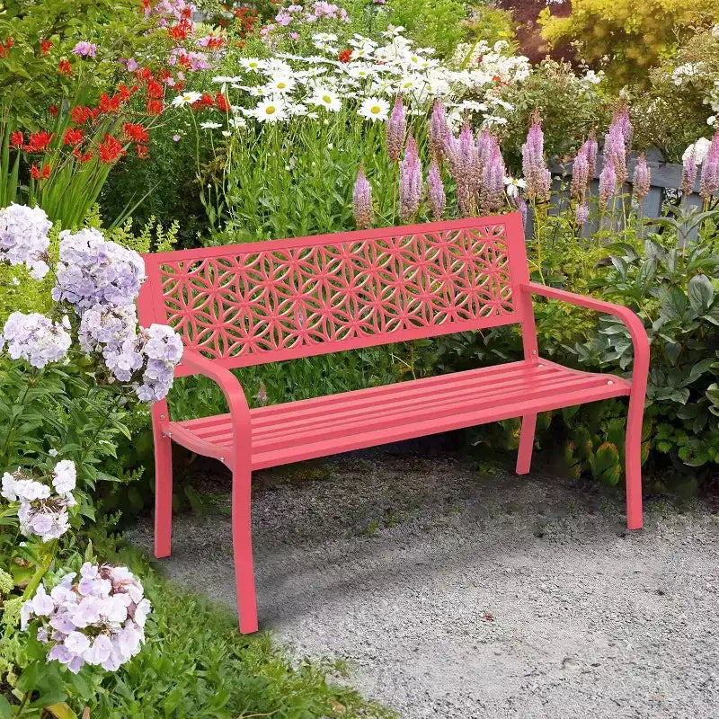 VINGLI Banc d'extérieur en métal 50 avec dossier floral, banc de porche pour jardin, patio, allée, parc, extérieur, capacité de 360 kg - Rose