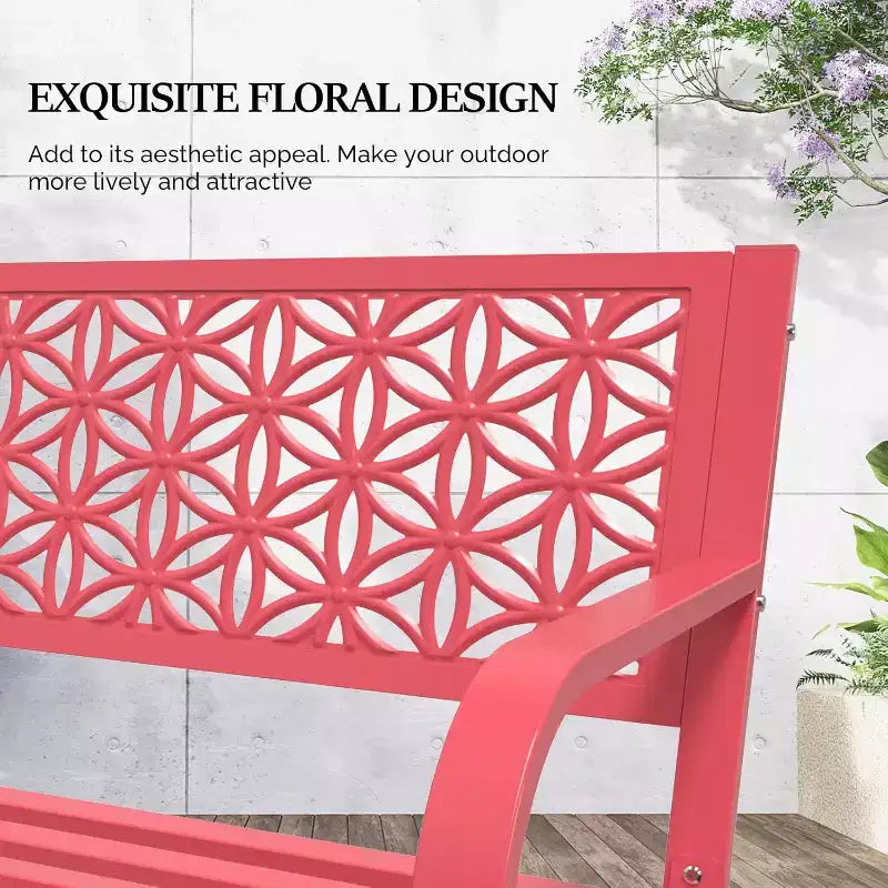 VINGLI Banc d'extérieur en métal 50 avec dossier floral, banc de porche pour jardin, patio, allée, parc, extérieur, capacité de 360 kg - Rose