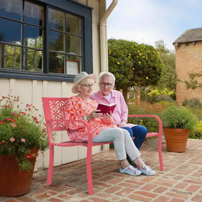 VINGLI Banc d'extérieur en métal 50 avec dossier floral, banc de porche pour jardin, patio, allée, parc, extérieur, capacité de 360 kg - Rose