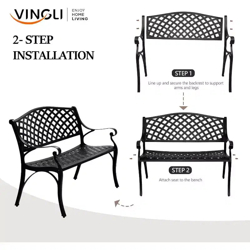 VINGLI Banc d'extérieur en métal 40,5, Banc de patio à cadre en aluminium moulé antirouille pour 2 personnes, Banc de jardin en fonte noire pour porche, cour, parc