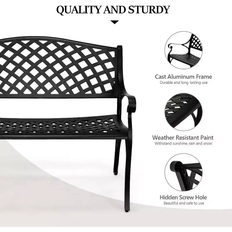 VINGLI Banc d'extérieur en métal 40,5, Banc de patio à cadre en aluminium moulé antirouille pour 2 personnes, Banc de jardin en fonte noire pour porche, cour, parc